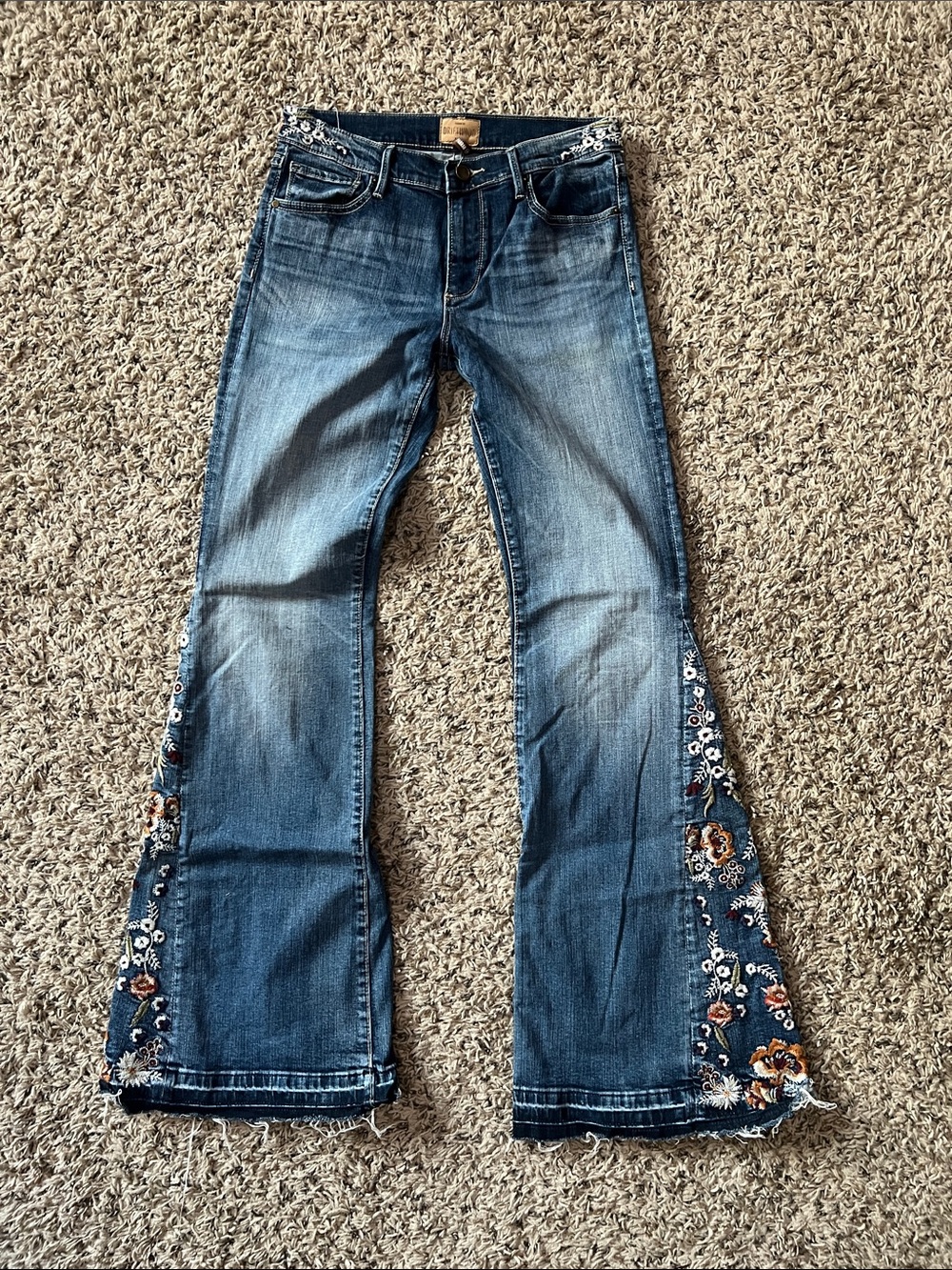 DRIFTWOOD Embroidered Flare Jeans in Denim Blue with Brown Accents